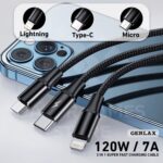 Gerlax 3-in-1 120W Super Fast Charging Cable - Micro, Type-C, and Lightning Ports