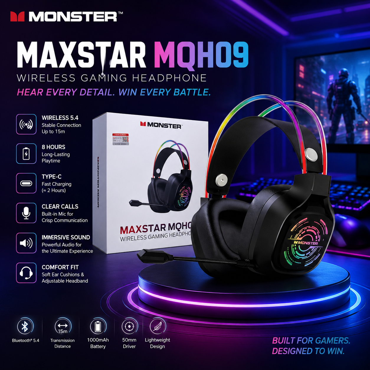 1770f995-208c-4234-af79-1ab5da121317 Monster MAXSTAR MQH09 Wireless RGB Gaming Headset - Image 1